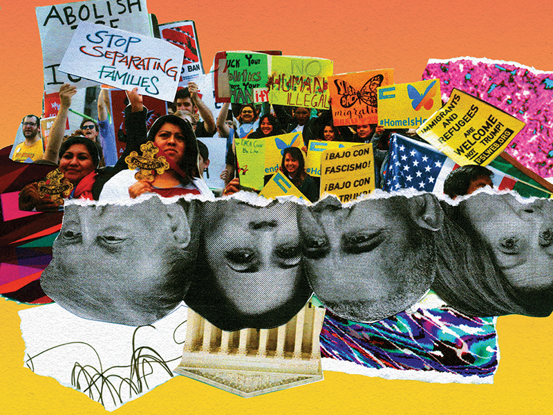 Photo collage showing undocumented activists marching against prominent politicians